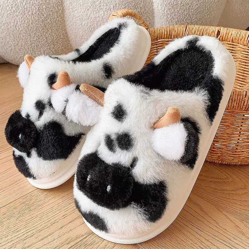 Neveryn Closed Toe Cozy Cow Slippers plush fuzzy animal cow house slippers black 🐄